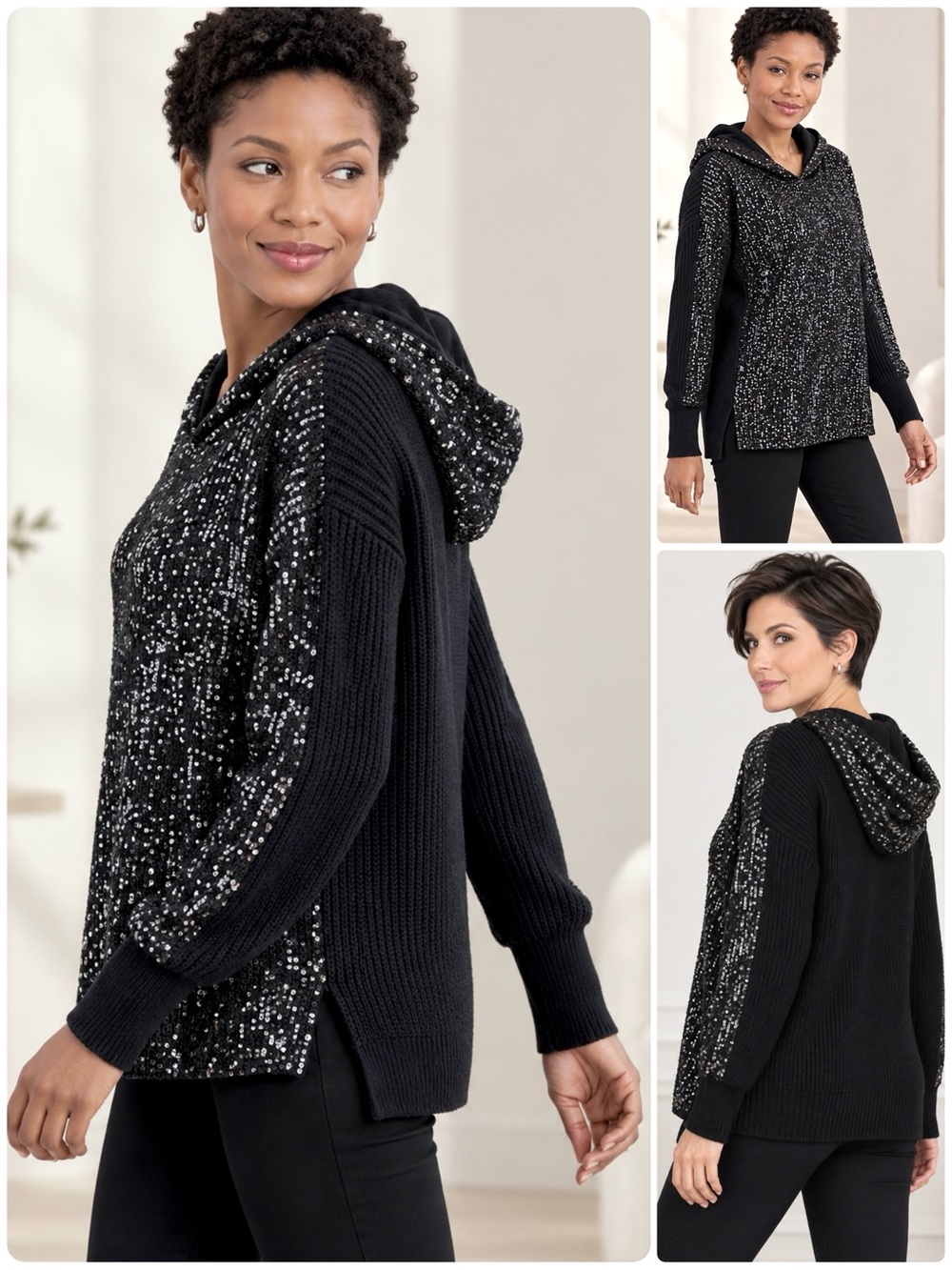 INC International Concepts Sequin-Front knit Hooded Sweater Long Sleeve Stretch